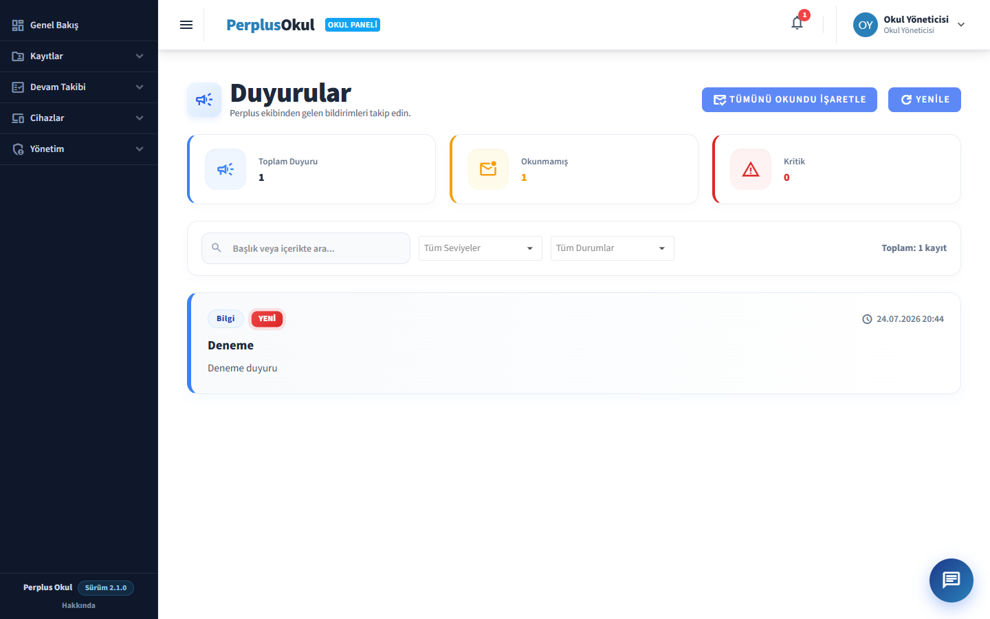 Duyurular ekranı