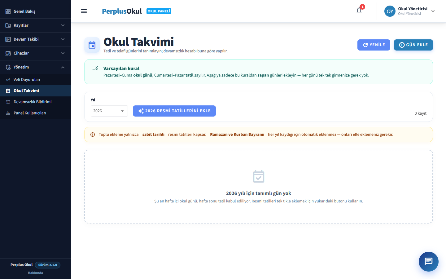 Okul Takvimi ekranı