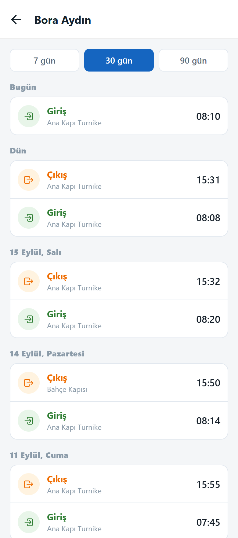 Öğrenci geçmişi ekranı