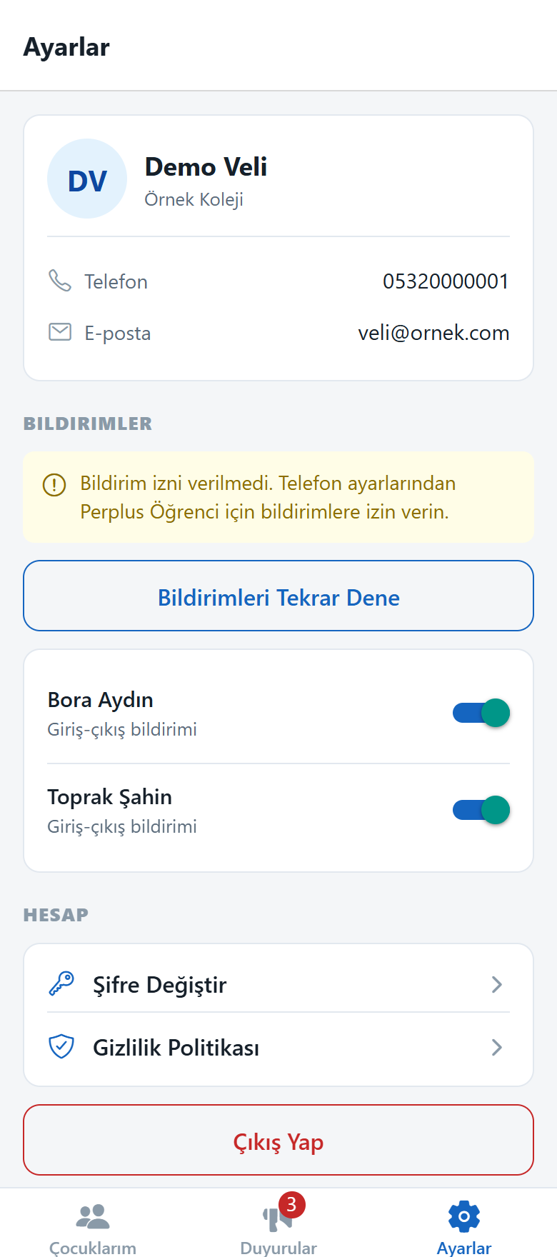 Ayarlar ekranı: bildirim tercihleri ve hesap işlemleri.